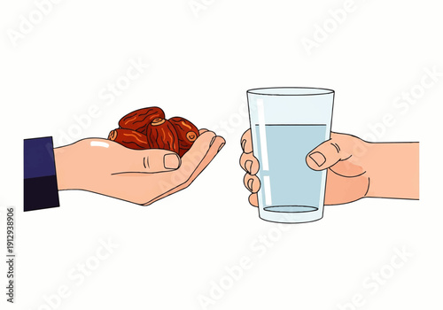 Flat design illustration vector of two hands, one offering dates and the other holding a glass of water, against a clean white background with a simple and minimalist style.