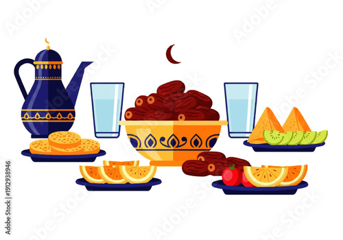 Flat design illustration vector of a traditional Ramadan iftar table setting with dates, fruits, and tea on a white background.