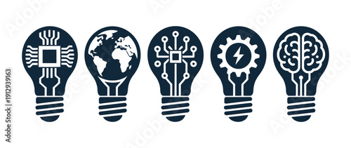 Five lightbulbs symbolism innovation, technology, and global ideas, clean vector illustrations for global solutions, invention concepts, creative strategies, tech development, education, and 