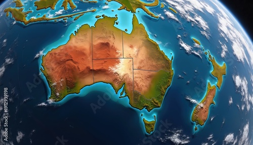 View of Australia and New Zealand from space, showing landmasses surrounded by deep blue ocean water. Continents appear vibrant with varied terrain colors.