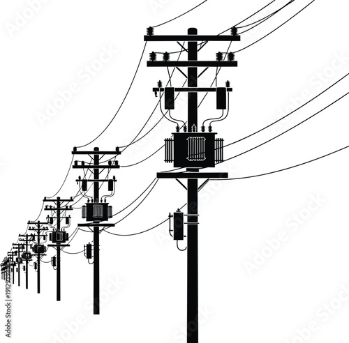 Electric utility poles with large transformers and overhead power lines perspective silhouette isolated on white background