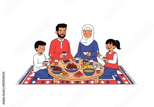 Flat design illustration vector of a Muslim family enjoying a meal together on a colorful rug with traditional food and drinks.