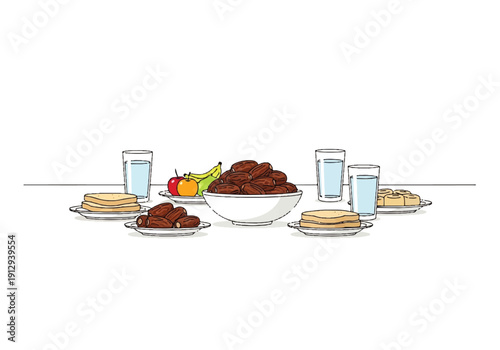 Flat design illustration vector of a meal setup with a bowl of food, plates, glasses of water, and fruit on a table against a white background.