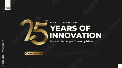 25th anniversary gold luxury corporate banner on dark background with modern minimal number