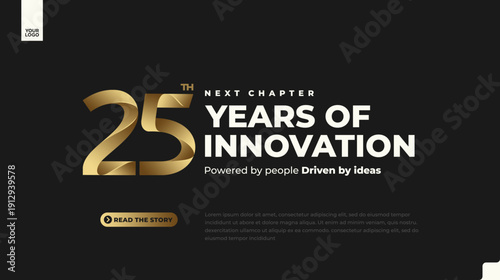 25th anniversary gold luxury corporate banner on dark background with modern minimal number