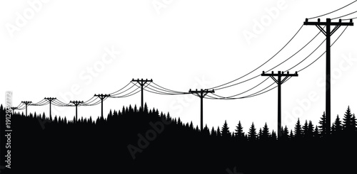 Electric power lines and utility poles over forest silhouette landscape isolated on white background energy infrastructure illustration