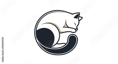 Sleeping White Cat Curled Up in Circle, Minimalist Black Outline Illustration, Isolated on White
