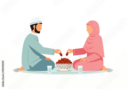 Flat design illustration of a Muslim couple sharing food from a bowl in a traditional setting, vector graphic with a simple and colorful style.