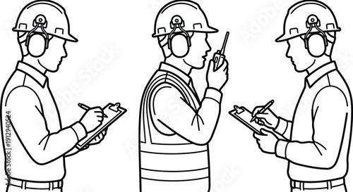 Construction engineer and site inspector vector line art set, workers wearing hard hats and safety vests with clipboards and radio,