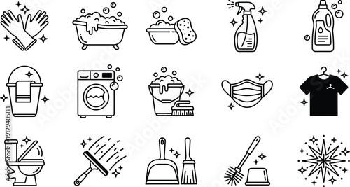 Cleaning and hygiene vector icons set, bathroom laundry and household chore symbols including soap bubbles washer mask and sparkling elements