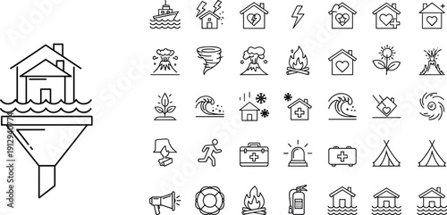 Natural disaster and emergency relief vector icons set, flood hurricane wildfire and first aid symbols for insurance and safety concepts
