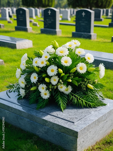 Flowers on a grave at the cemetery.Funeral ceremony.