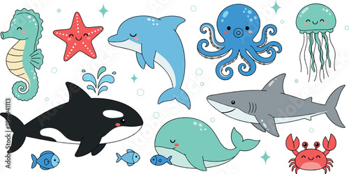 Cute marine animals cartoon set with whale dolphin shark octopus seahorse and starfish playful ocean vector illustration for kids and nursery designs