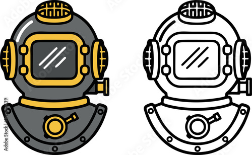 Vintage deep sea diver helmet icon in gray and gold