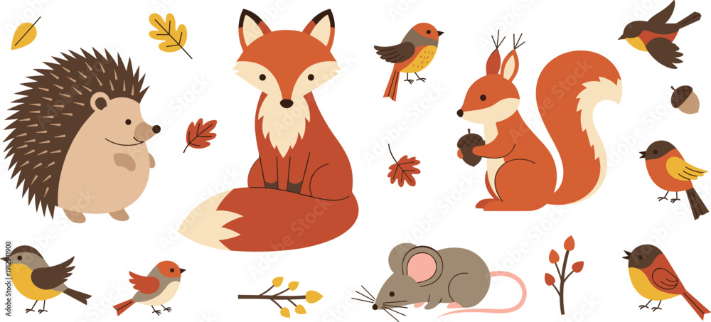 Obraz premium Cute Autumn Forest Animals Vector Collection with Fox Hedgehog Mouse and Birds with Leaves and Acorns Isolated on White Background