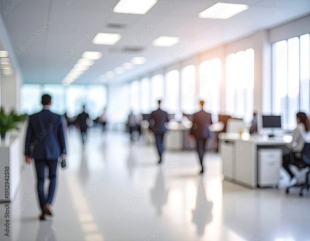 Obraz premium Blurred image depicting business professionals walking through a modern, brightly lit office corridor.