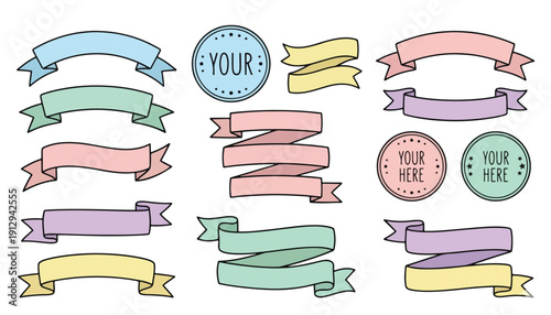 Collection of Hand-Drawn Pastel Ribbons and Decorative Banners with Customizable Badges Vector Illustration
