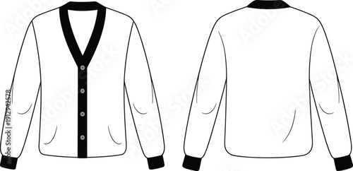 Cardigan sweater cad drawing flat vector illustration, front and back view outline template for fashion design mockup apparel branding