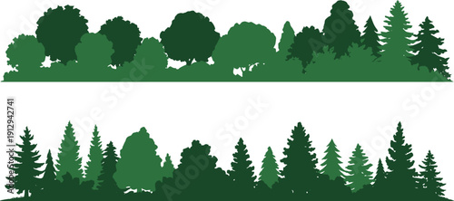 Layered green forest tree silhouettes landscape, mixed pine and deciduous woodland border, natural park scenery vector illustration background