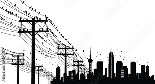 Urban city skyline silhouette with electric power lines, birds on cables and modern skyscrapers, black vector illustration isolated on light background