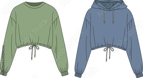 Cropped sweatshirt hoodie cad drawing flat vector illustration, front view outline template with drawstring for fashion design mockup