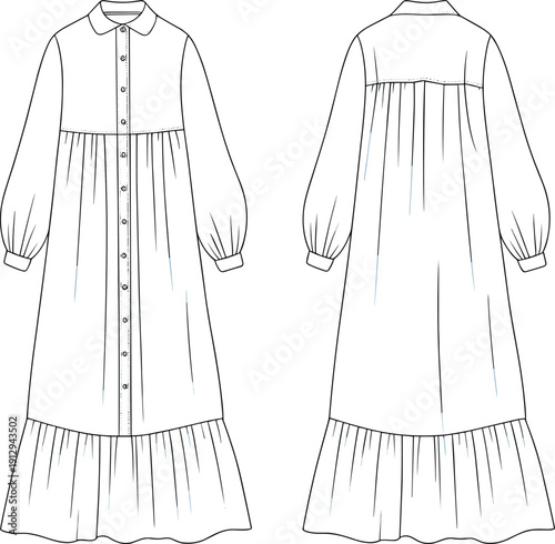 Maxi shirt dress cad drawing flat vector illustration, front and back view outline template for fashion design mockup