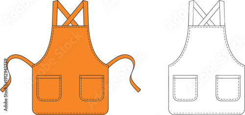 Kitchen apron cad drawing flat vector illustration, front view outline template with pockets and cross back straps for mockupKitchen apron cad drawing flat vector illustration, 