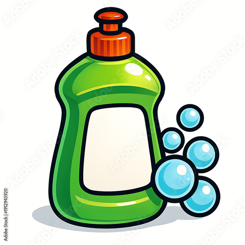 Green Dish Soap Bottle with Bubbles.