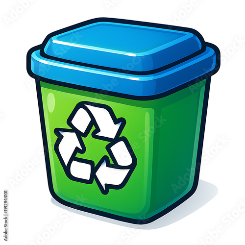 Green recycling bin with blue lid and recycle symbol.