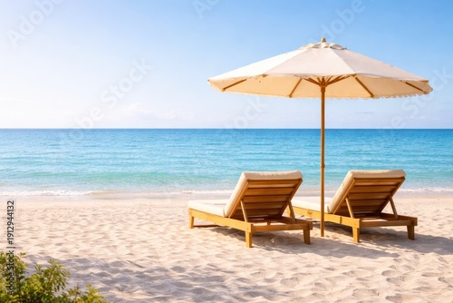 Wallpaper Mural Tropical Beach with Sunbeds and Umbrella on Sandy Shore Summer Vacation Destination Torontodigital.ca