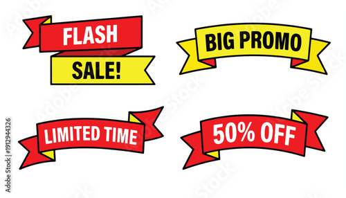 Collection of vibrant sale promotion ribbon banners offering discounts