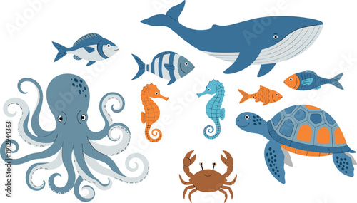 Cute marine animals illustration set with whale, octopus, turtle, seahorse, crab, and colorful fish for ocean and sea life designs