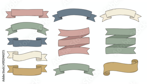 Collection of Hand-Drawn Vintage Ribbons and Banners in Rustic Colors for Design Projects