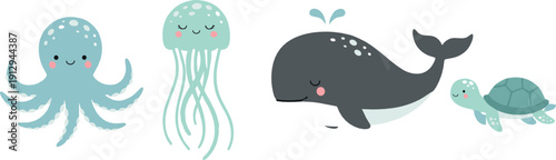 Cute minimal sea animals with whale turtle octopus and jellyfish soft pastel cartoon vector illustration for kids nursery and baby designs