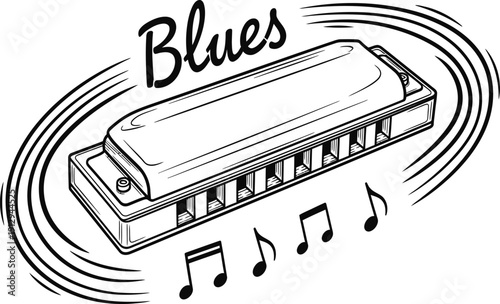 Vintage Blues Harmonica Illustration with Musical Notes and Sound Waves Isolated on White Background for Jazz Music and Instrument Branding