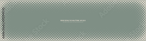 Boho scale halftone pattern rounded vignette frame ultra wide 32:9 aspect ratio pale green vector abstract background. Bohemian vintage styled half tone panoramic format fancy graphical design element