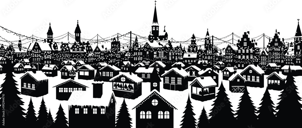 Fototapeta premium Winter village silhouette vector—holiday townscape with pine trees, cabins, church steeple, festive lights for seasonal and cultural themes