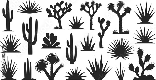 Desert plant silhouettes, cactus vector set, succulent illustration, agave pictograms, Joshua tree icons, black flora shapes, botanical desert design, ecology art