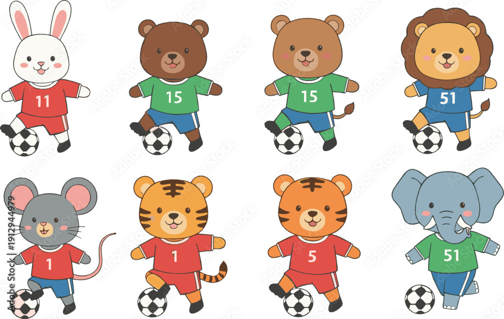 Obraz premium Cute soccer animals cartoon set with bear lion tiger rabbit and elephant playing football playful vector illustration for kids sports designs