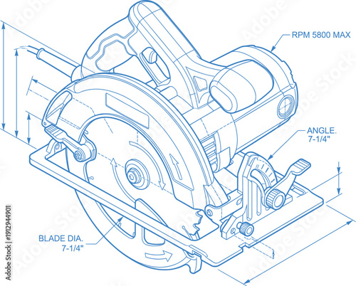 Circular saw blueprint technical diagram with labeled specifications, blade diameter, RPM, and adjustment features 