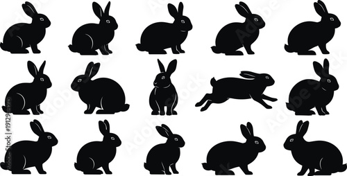 “Silhouette illustrations of rabbits in diverse poses symbolizing animal behavior, wildlife, nature, movement, and artistic representation”