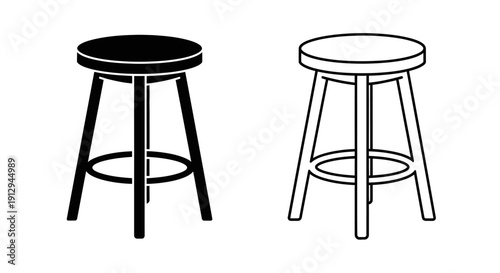 Two wooden stools, one black and one white, with round seats and three legs each. Vector