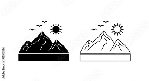 Mountain landscape illustration with sun and birds Vector