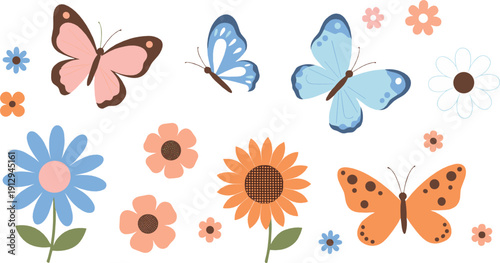 Cute spring butterfly and flower illustration set with colorful floral elements for garden, nature, kids, and decorative seasonal design projects
