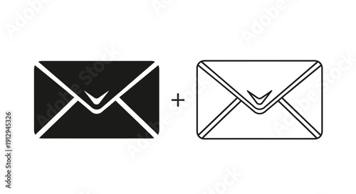Black and white envelope icons with plus sign in between for email communication Vector