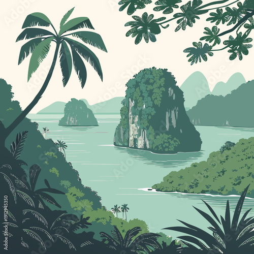 Tropical landscape with palm trees and limestone islands