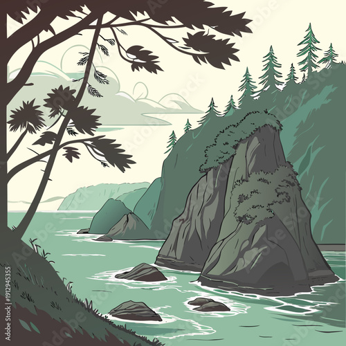 Ocean view featuring jungle covered rock pillars trees