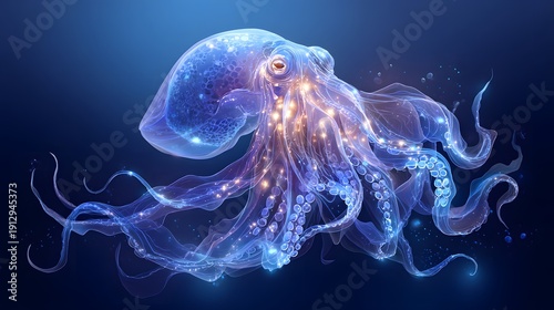 A translucent sea nettle jellyfish swims through deep blue ocean water, an aquatic medusa representing marine wildlife and animal life in the dark underwater nature of the sea