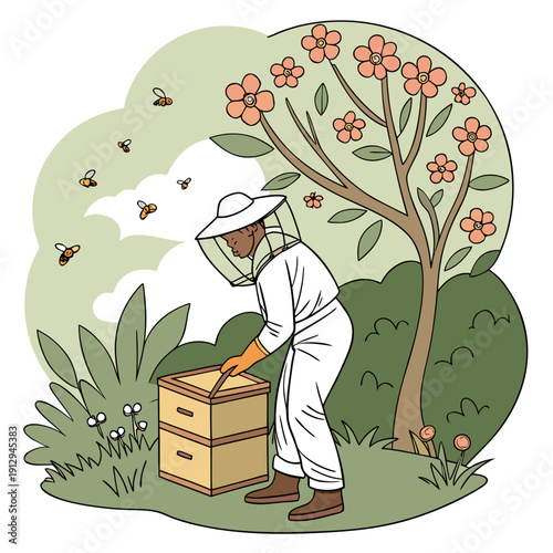 Beekeeper in white protective suit inspecting hive