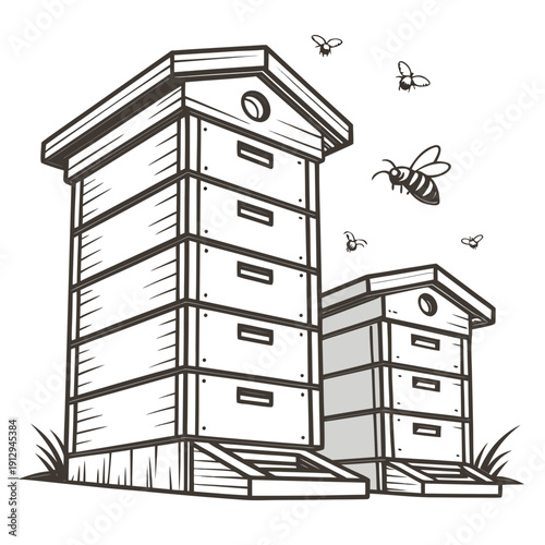 Realistic apiary with stacked beehives and flying bees